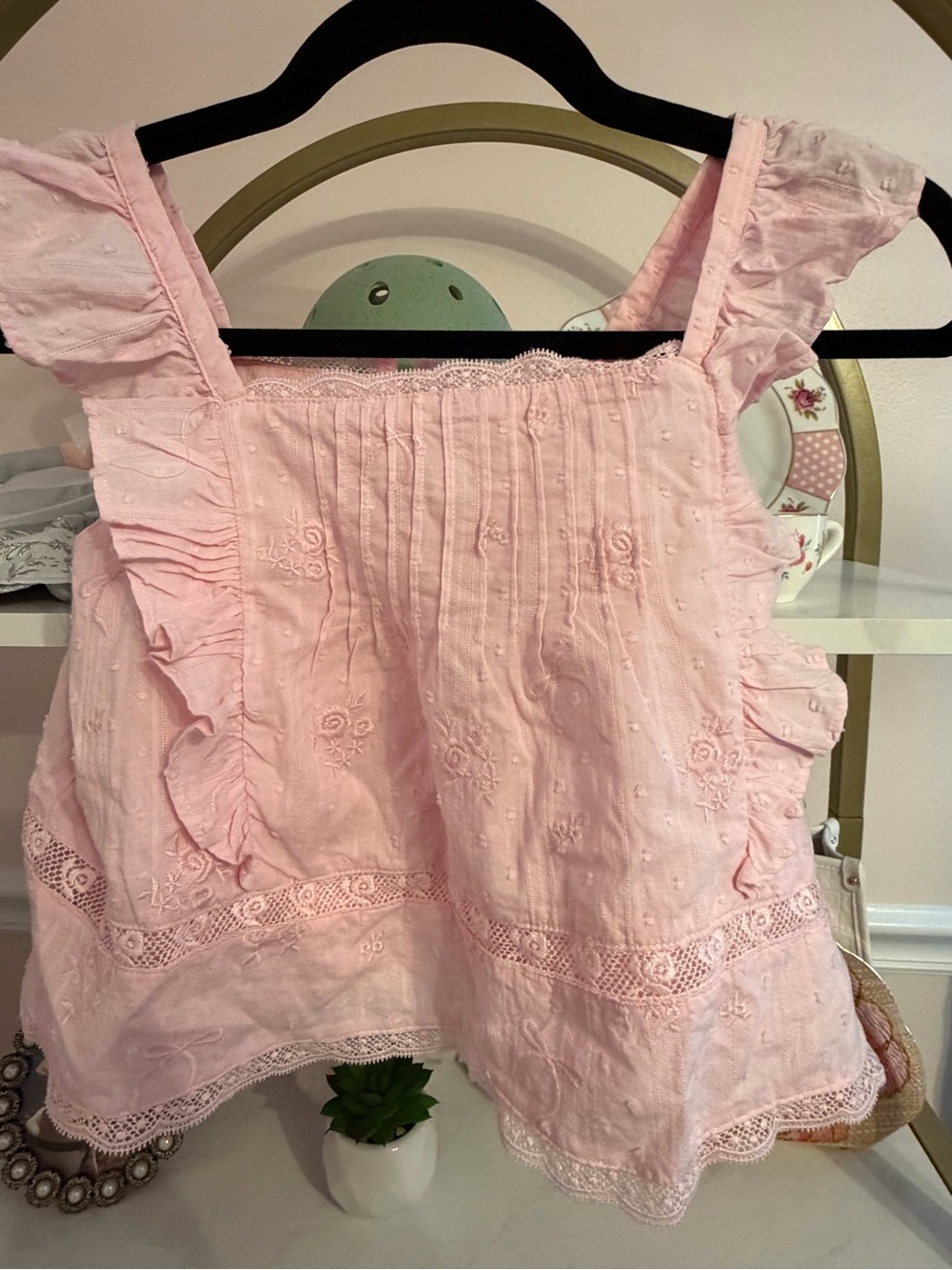LoveShackFancy Girls' Light Pink Eyelet Ruffle Tank